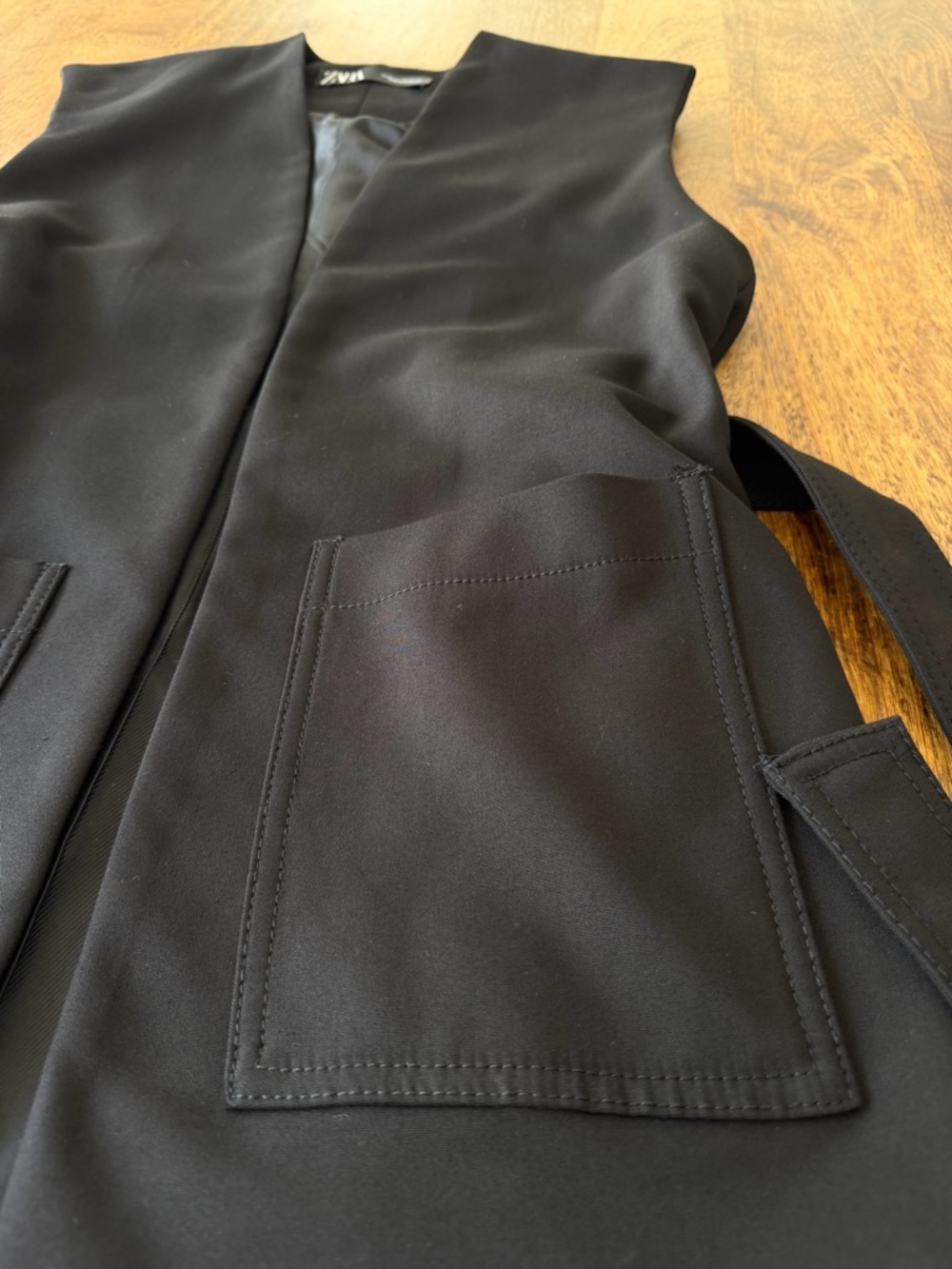 Zara Black Belted Longline Vest Cotton Blend Patch Pockets Small - Picture 7 of 13